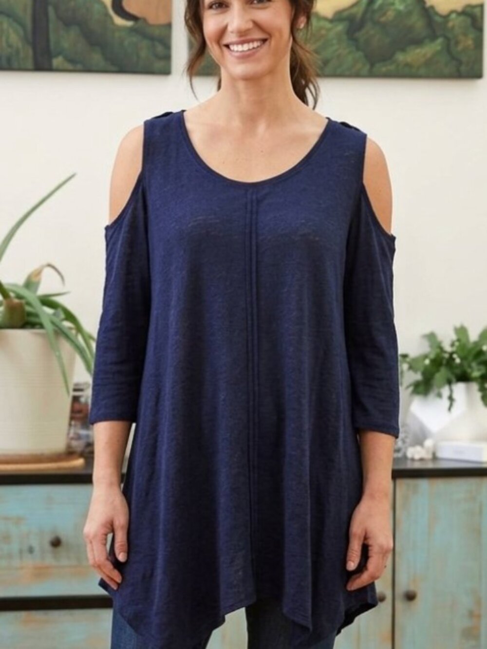 Soft Surroundings Cold Shoulder Linen Semi-Sheer Tunic Blouse